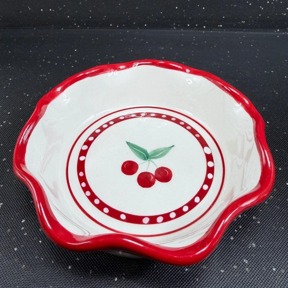 Crate & Barrel Mesa Cherry Pie Dish Bowl Individual Ramekin Set of 2 Red White